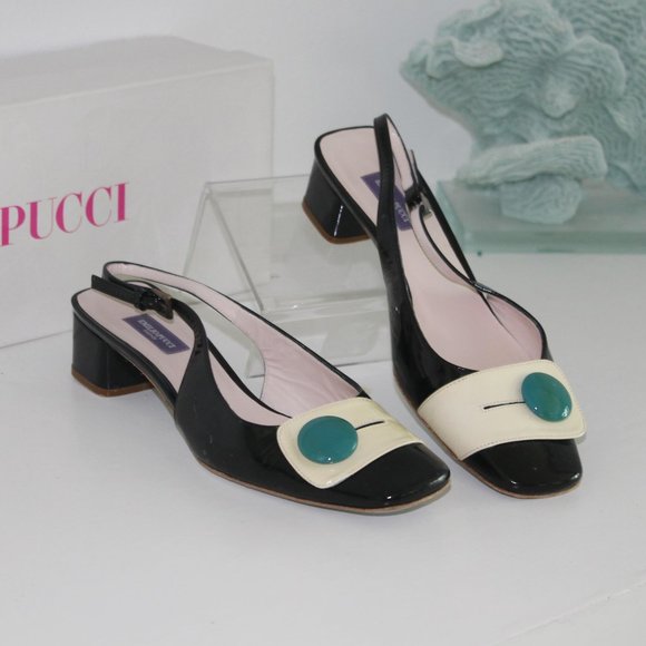 Emilio Pucci Shoes - Emilio Pucci Black Green Ivory Patent Leather Button Low Heel Shoes 37 worn once
